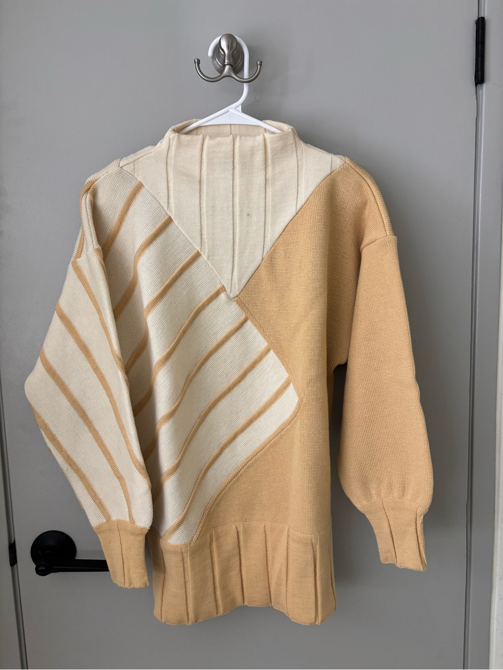 Vintage Courrèges Paris 100% Wool Cream Tan Striped Sweater